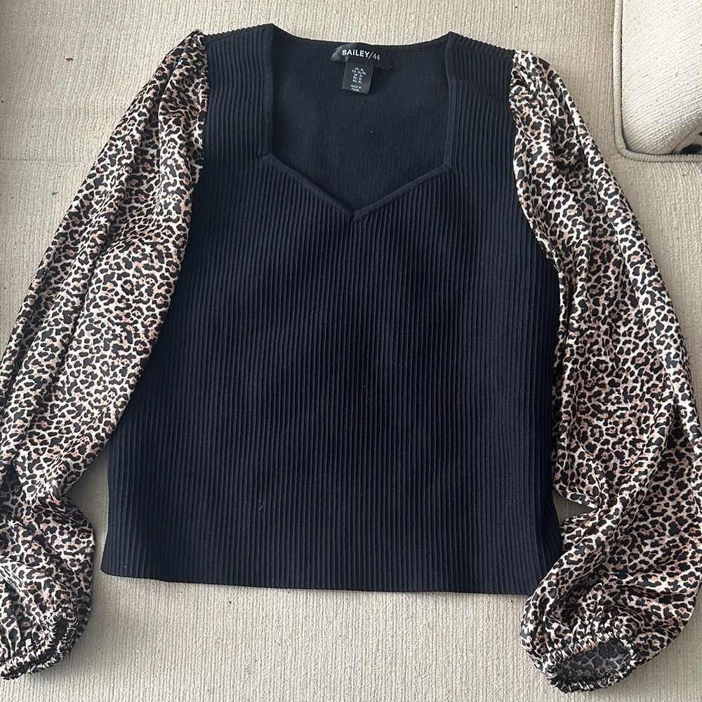 Bailey 44 Black Blouse with Animal Print Sleeves
